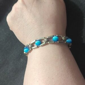 Silver Tone Pastel Blue Cat's Eye Beaded Statement Bracelet